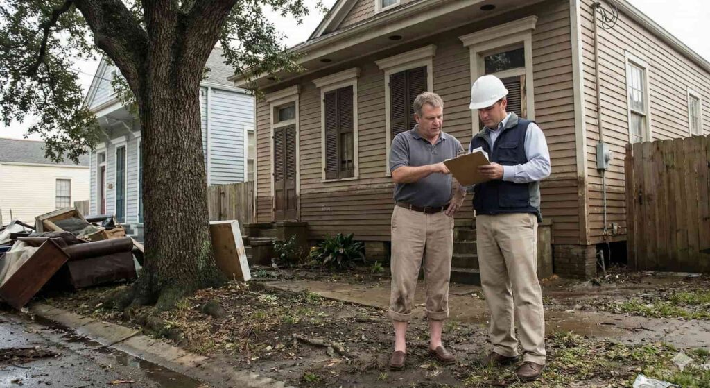 A homeowner and an insurance adjuster looking at a clipboard outside a flood-damaged house in New Orleans, with water lines visible on the walls.
